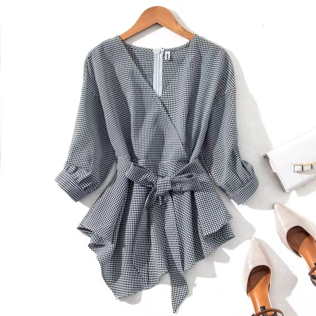 Women's Fashionable Versatile Slim-fit V-neck Plaid Shirt - Office Style Simple 3/4 Sleeve Blouse
