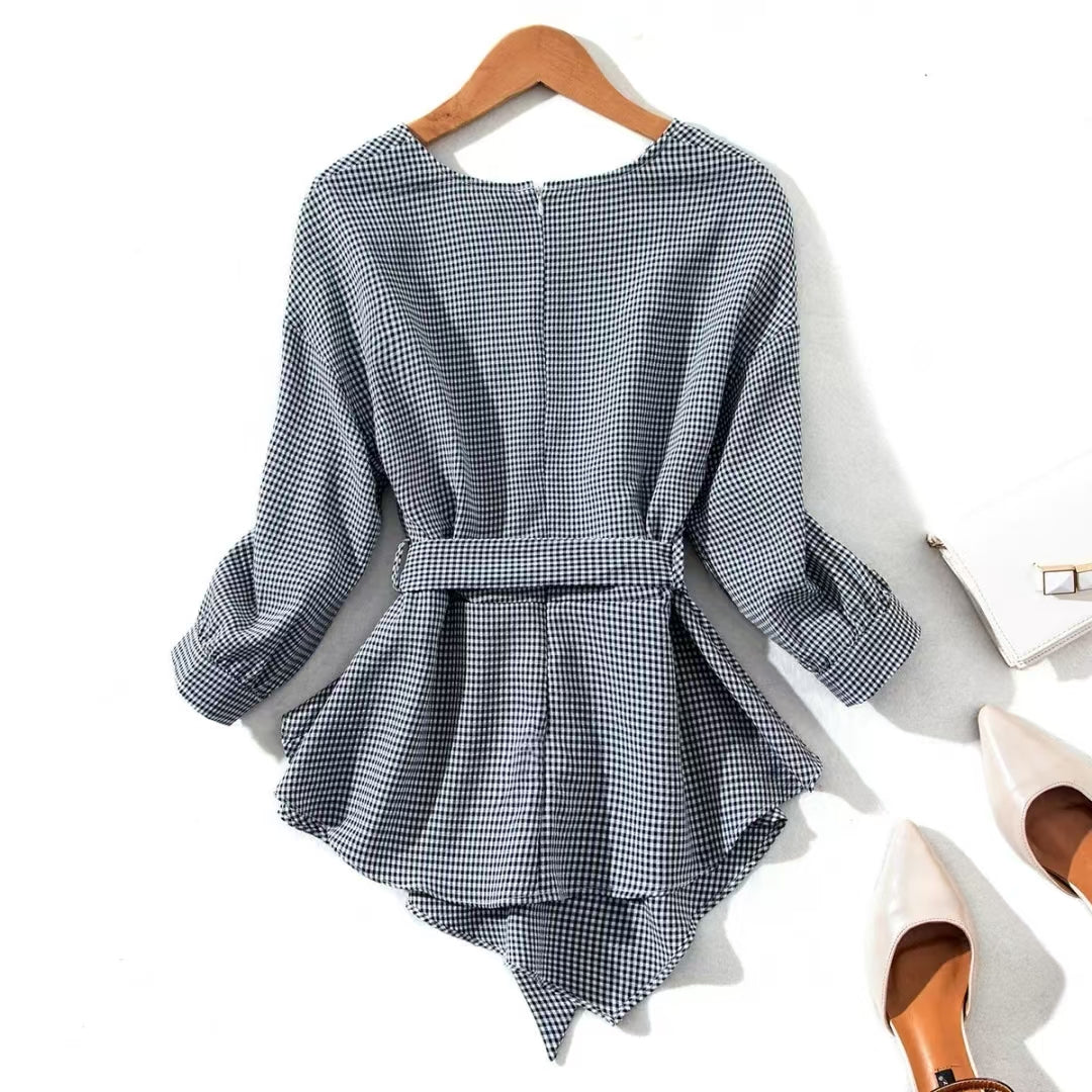 Women's Fashionable Versatile Slim-fit V-neck Plaid Shirt - Office Style Simple 3/4 Sleeve Blouse