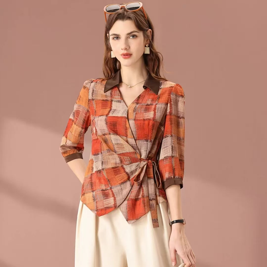 Women's Fashion Half-Open Collar Slim-Fit Plaid 3/4 Sleeve Pullover Blouse
