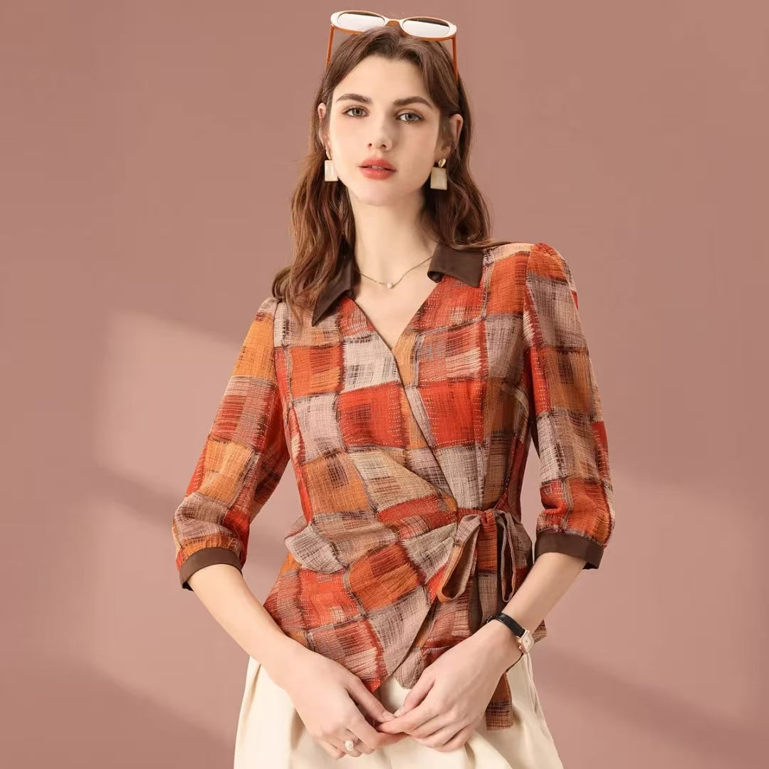 Women's Fashion Half-Open Collar Slim-Fit Plaid 3/4 Sleeve Pullover Blouse