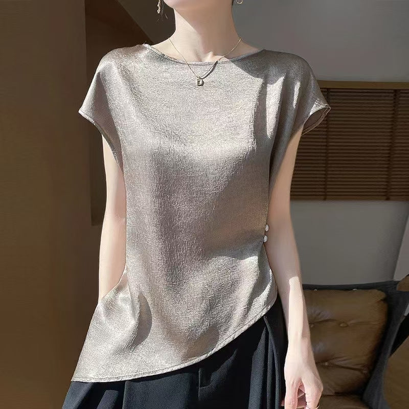 Women's Crew Neck Short-Sleeve T-Shirt with Flutter Sleeves - Asymmetric Top