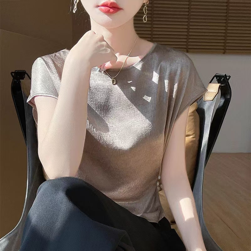 Women's Crew Neck Short-Sleeve T-Shirt with Flutter Sleeves - Asymmetric Top
