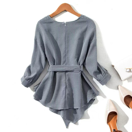 Women's Fashionable Versatile Slim-fit V-neck Plaid Shirt - Office Style Simple 3/4 Sleeve Blouse