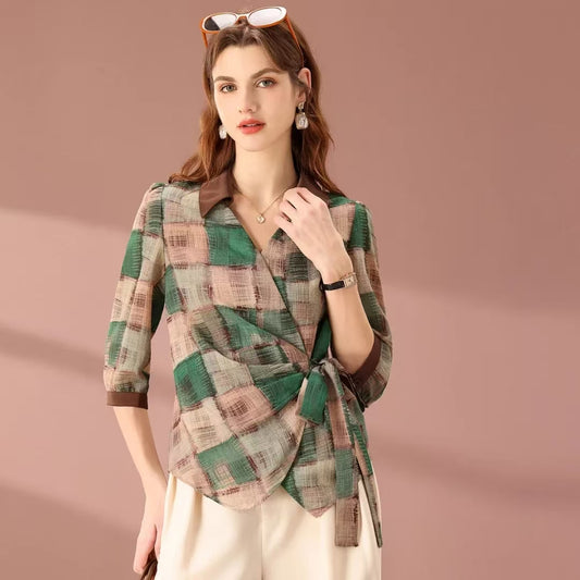 Women's Fashion Half-Open Collar Slim-Fit Plaid 3/4 Sleeve Pullover Blouse