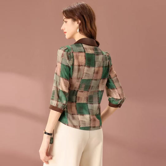 Women's Fashion Half-Open Collar Slim-Fit Plaid 3/4 Sleeve Pullover Blouse