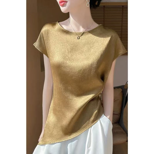 Women's Crew Neck Short-Sleeve T-Shirt with Flutter Sleeves - Asymmetric Top