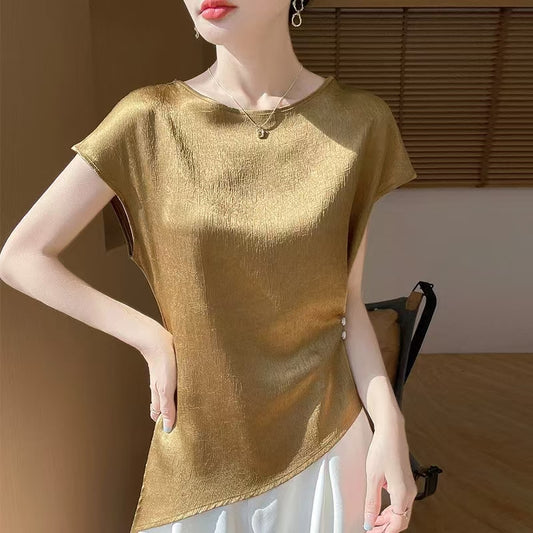 Women's Crew Neck Short-Sleeve T-Shirt with Flutter Sleeves - Asymmetric Top