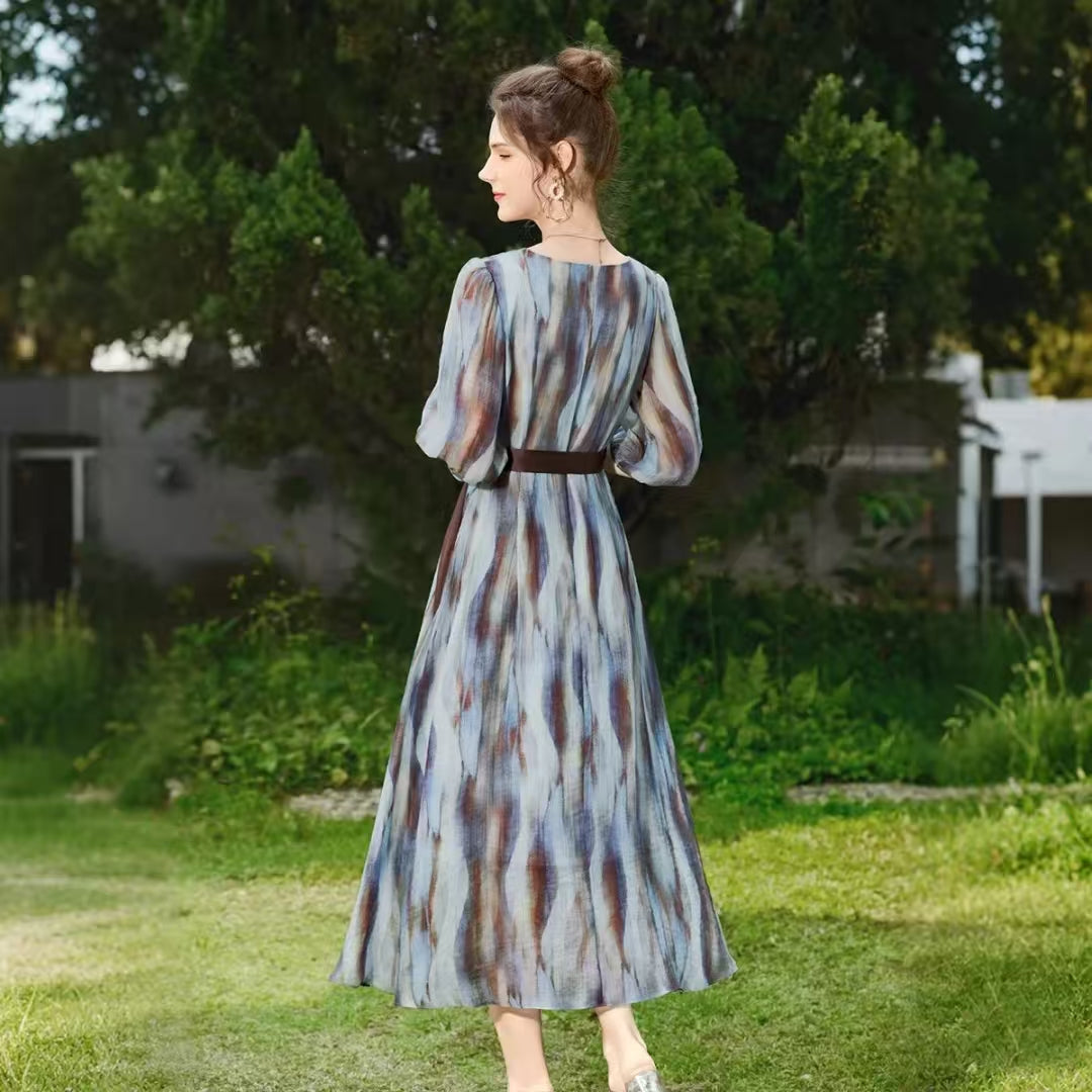Women's V-neck High-Waist Printed Midi Dress