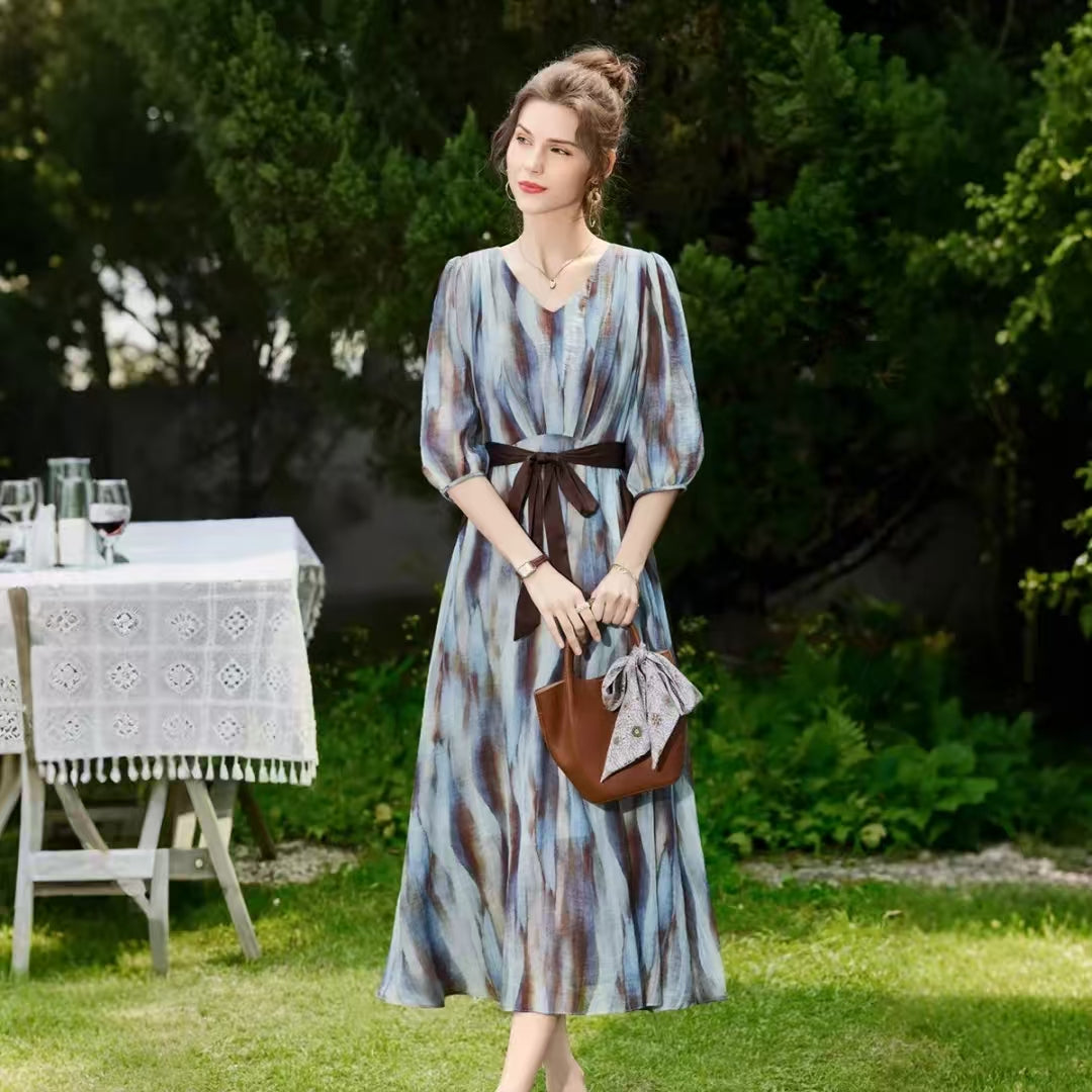 Women's V-neck High-Waist Printed Midi Dress