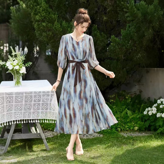 Women's V-neck High-Waist Printed Midi Dress