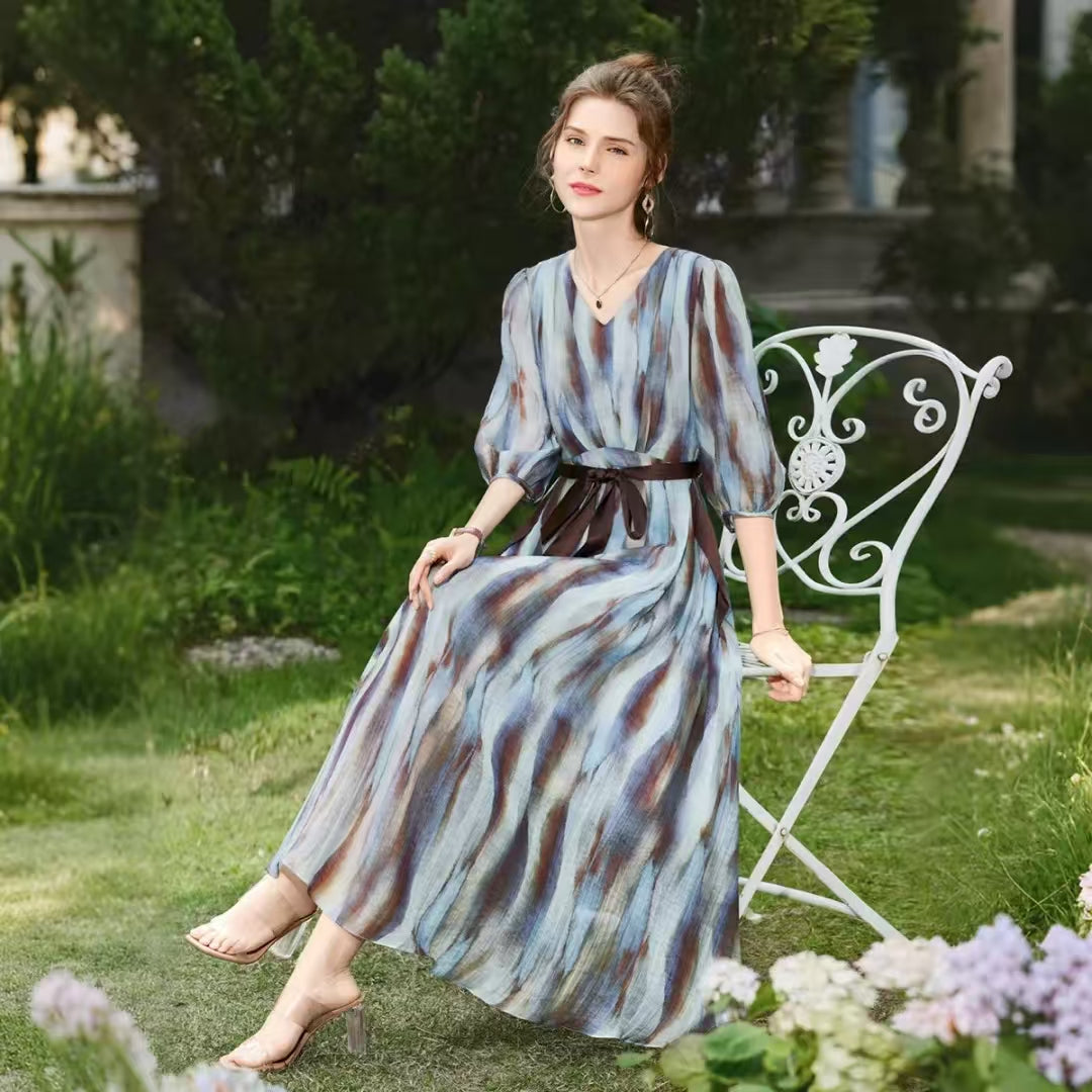 Women's V-neck High-Waist Printed Midi Dress