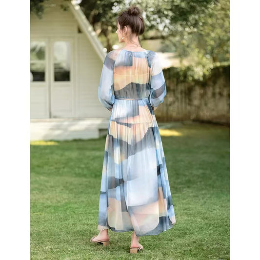 Women's V-neck Long-sleeve Color-block Dress - Elegant High-waist Midi Dress with European Style