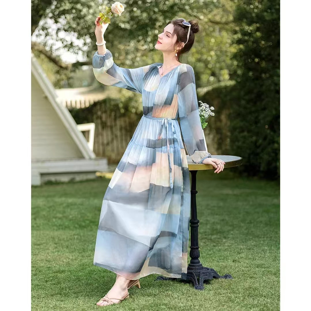 Women's V-neck Long-sleeve Color-block Dress - Elegant High-waist Midi Dress with European Style