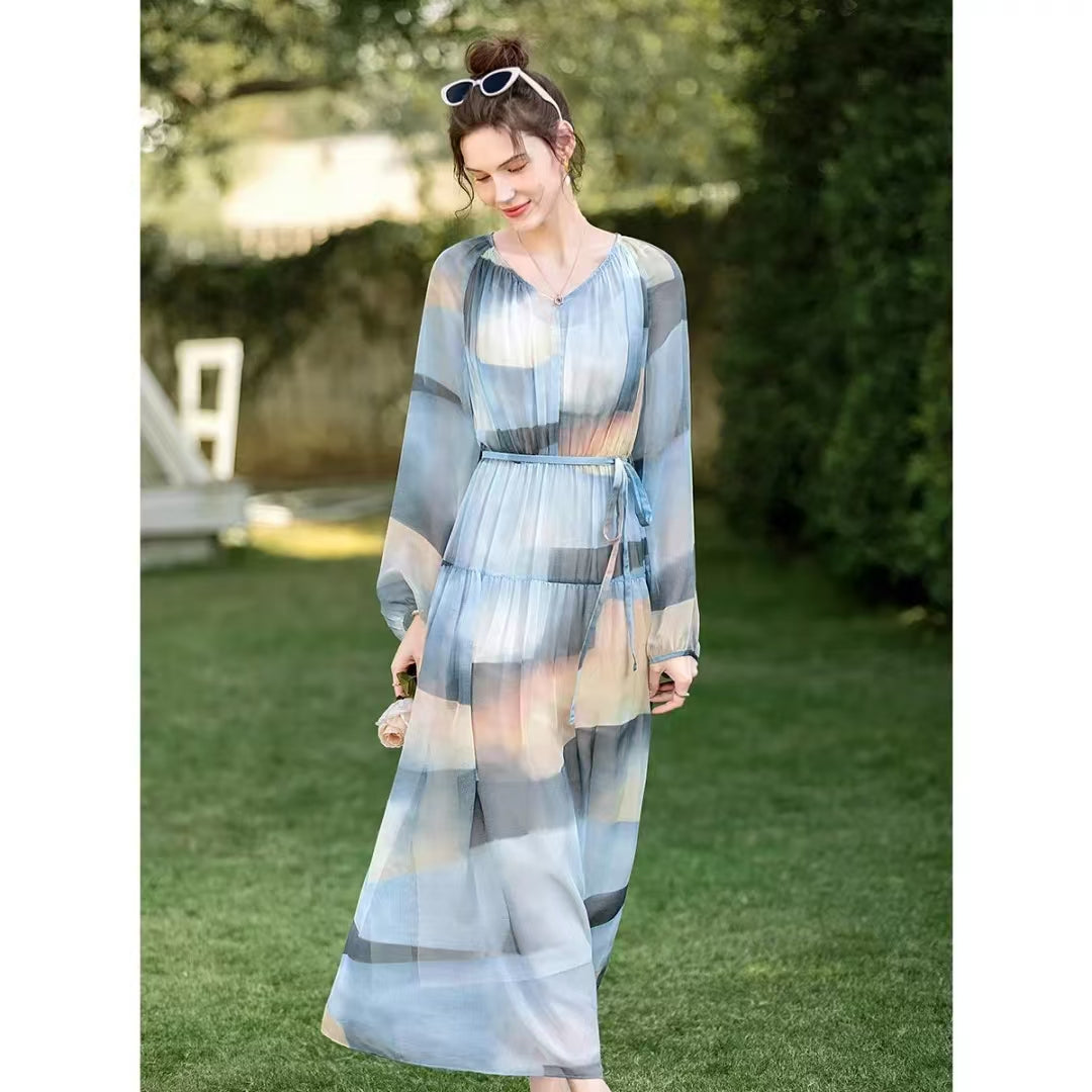 Women's V-neck Long-sleeve Color-block Dress - Elegant High-waist Midi Dress with European Style