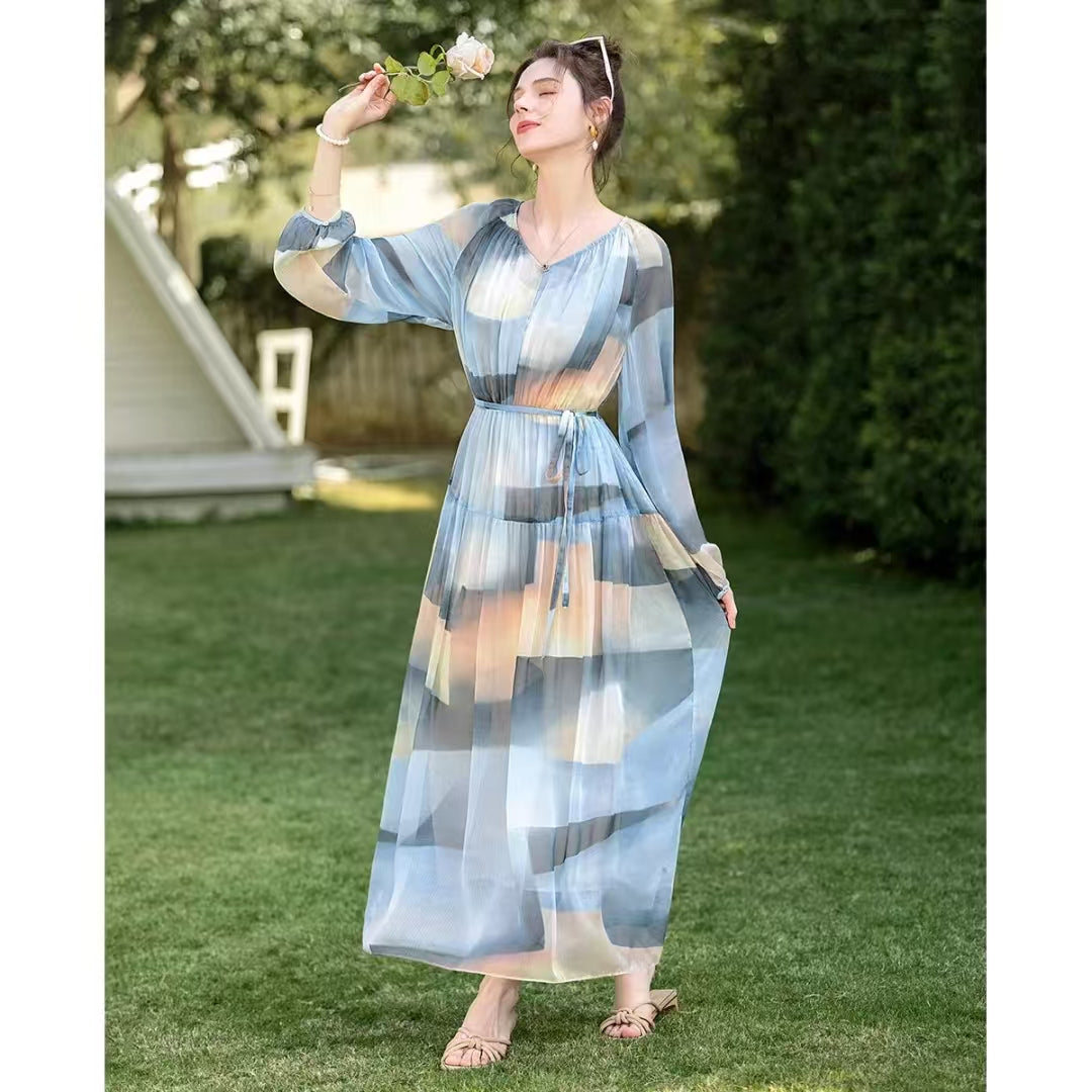 Women's V-neck Long-sleeve Color-block Dress - Elegant High-waist Midi Dress with European Style
