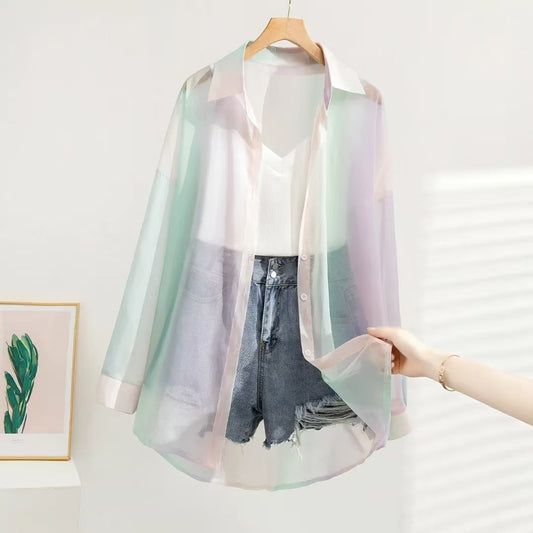 Women's Lapel Color-Block Long-Sleeve Jacket - Casual, Simple, Slim-Fit Lightweight Cardigan for Air-Conditioned Settings