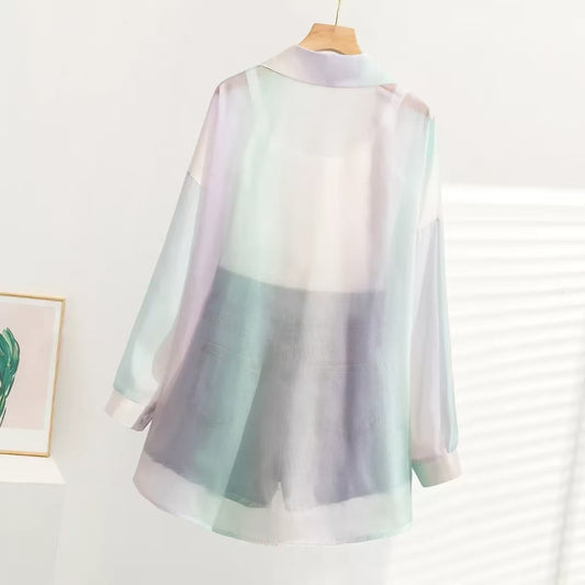 Women's Lapel Color-Block Long-Sleeve Jacket - Casual, Simple, Slim-Fit Lightweight Cardigan for Air-Conditioned Settings